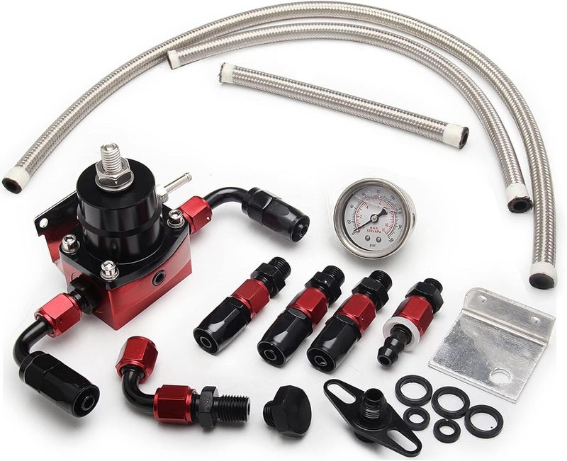 YESHMA EFI Fuel Pressure Regulator Kit 0-100psi with Gauge 6AN Fuel Line Fitting Universal Adjustable Aluminum (Black+Red) - Image 1